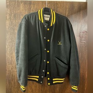 Letterman jacket, field hockey logo, last name on back, some damage on sleeve